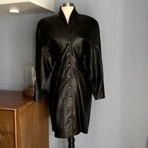 Vtg 80's Michael Hoban Leather Dress Front Snaps Pencil Bat-wing Sleeve